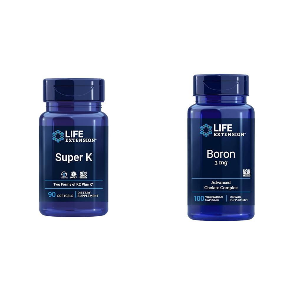 Ekstensi Hidup Super K Vitamin K1, K2 MK-7, MK-4, Vitamin C, Bone / Heart Health, 3-Bulan Supply dan Boron 3 Mg 100 Vegetarian Capsules