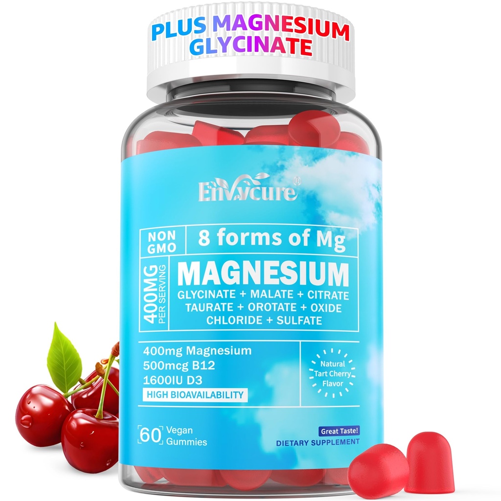 Magnesium Gummies 400mg 124; sebagai 8 Forms Magnesium Glycinate, Malate, Citrat, Tadrate, Oxide, dan Lebih dari 124; dengan Aswagandha Ekstrak, D3 & B12 Dukungan untuk Tenang, Zzz, Mood, Muscle Cramp - Vegan 60 Cts