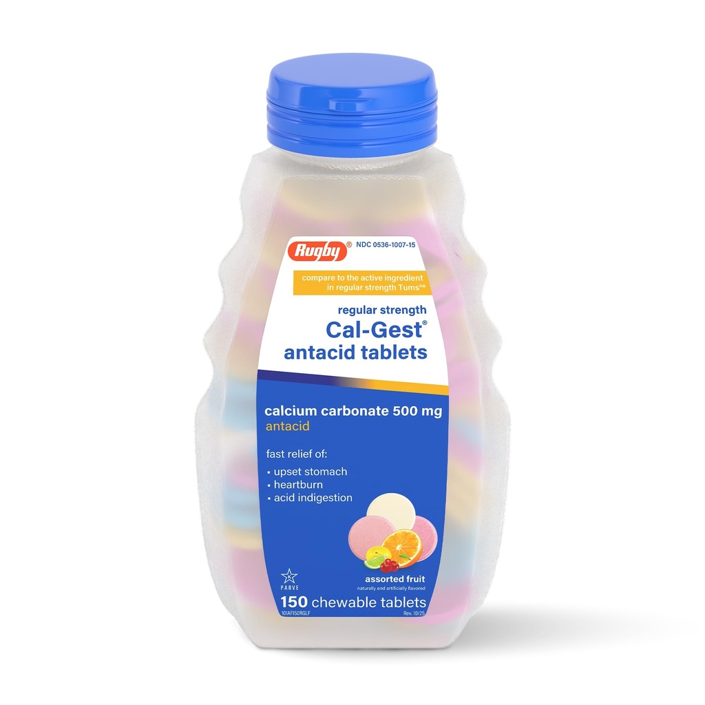 Rugby Calcium Cal- Gest Antax Tablet - Reguler Kekuatan - Kalsium Karbonate 500 mg - Assored Fruit Flavor - 150 Chewable Count (1 Pack)