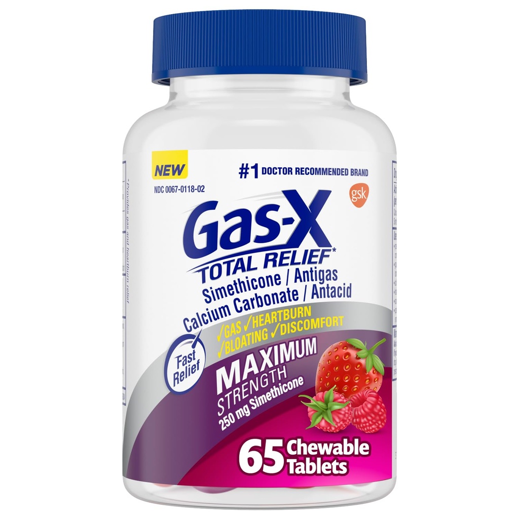 Gas-X Total Relief Chewable Tablet dengan Maximum Power Gas Relief Simeicone 250 mg dan Heartburn Relief Calcium Karbonate 750 mg, Bloating Relief, Mixed berry - 65 Count