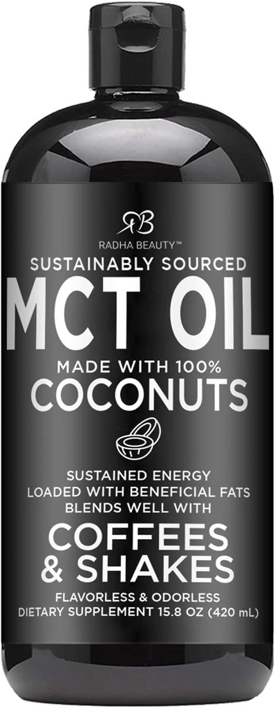 Radha Beauty Premium MCT Oil hanya dibuat dari Non- GMO Coconuts - 15.8oz. Keto, Paleo, Gluten Free dan Vegan Apressed.