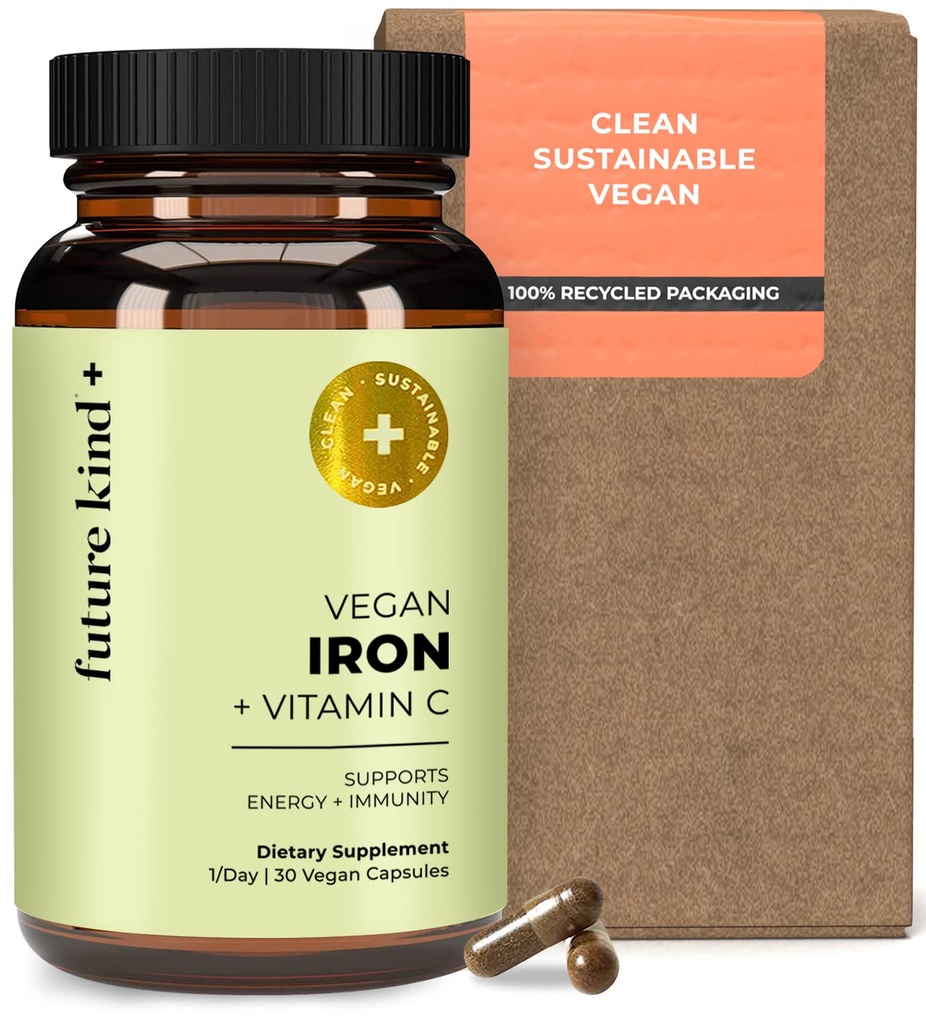 Tambahan Besi Vegan Jenis Masa Depan untuk Pria & Wanita dengan Vitamin C untuk Energi, Fokus dan Dukungan Kebal - 30- Hari Suply, Satu Capsule sehari (30ct in Glass Bottle)