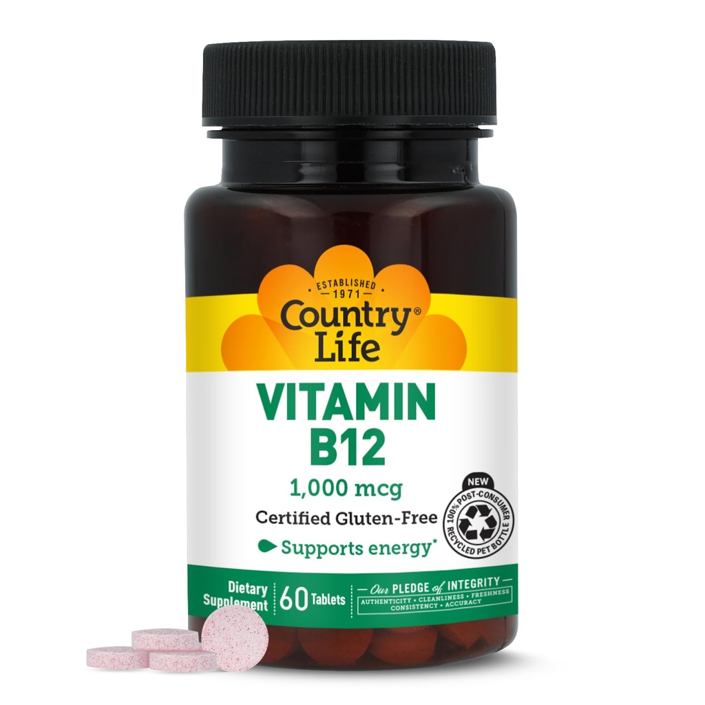 Country Life Vitamin B12 Supplemen - Esency for Brain Fungsi, Nerve Health, Red Blood Cells - Ideal untuk Pencegahan Anemia - Vegan Vitamin B, 1000 mcg - Gluten-Free, 60 tablet