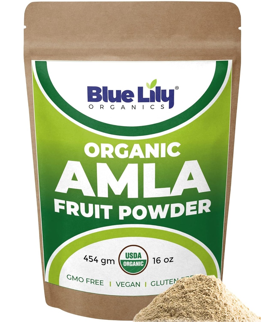 Blue Lily USDA Organic Amla Powder (Amalaki / Indian Goseseberry) 16oz (1lb) Resleable Kraft Bag, 100% Pure Amla Berry Powder, Kaya dalam Antioksidant Vitamin C, Mendukung Sistem Imune Kesehatan