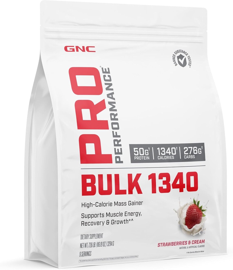 GNC Pro Performance Bulk 1340 Mass Gainer Protein Powder, 50g, Gluten Free, Whey, Creatine, BCAA, 3rd Party Test, Muscle Recovery & Growth, Micronutrients, Strawberry and Cream, 9 Servings