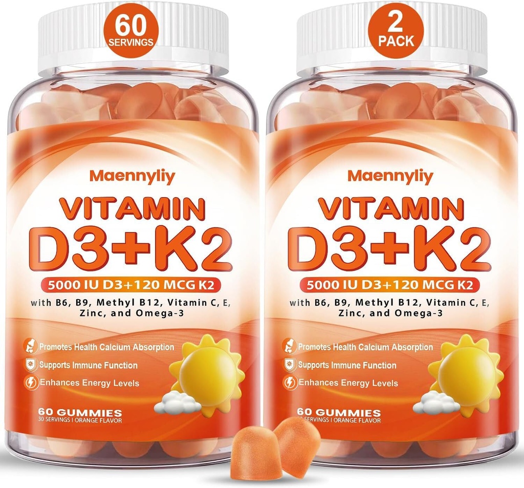 Vitamin D3 K2 Gummies for Adults - Vitamin D3 5000IU + K2 (MK-7) 120mcg - Sugar-Free D3 dan K2 Suplemen dengan Omega- 3, Metyl B12, B9, B6, Vitamin E & Zinc - for Calum Absorpsi & Imune Health