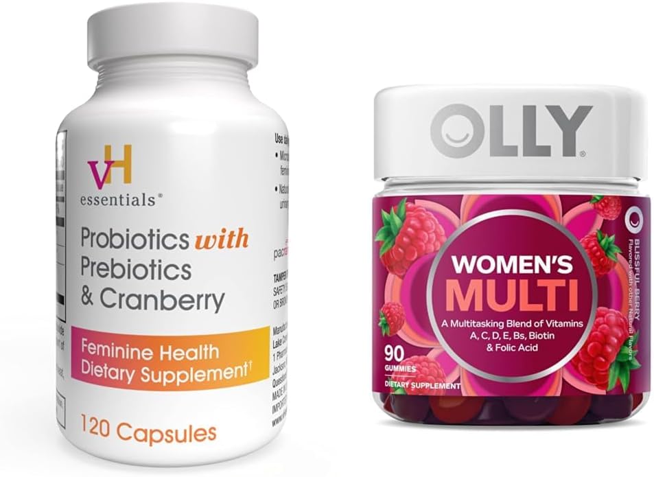 VH Esensial Progories dengan Pregren dan Cranberry Feminine Suplemen Kesehatan - 120 Capsules dan OLLY Women Multivitamin Gummy, Berry, 90 Count Bundle
