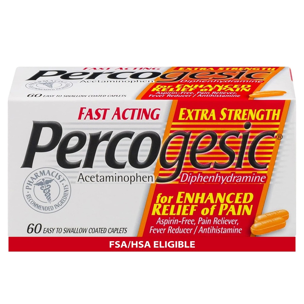 Percogesic Ekstra Kekuatan Acetaminophen & Diphenhydramine Relief Pain, Fast- Acting Aspirin-Free Fever Reducer & Antihistamin, 60 Count