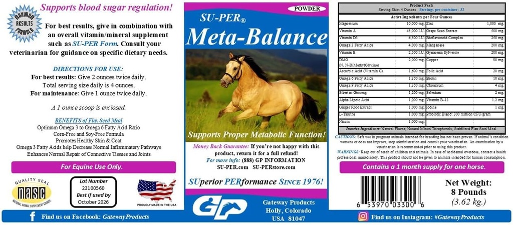 SU-PER Meta- Balance Horse Metabolic Dukung - Blood Sugar Regulation & Digetical Health Suplement - Horse Vitamin dan Mineral, Herbal Extracts, Program- 8 Pound, 1 Month Suppply
