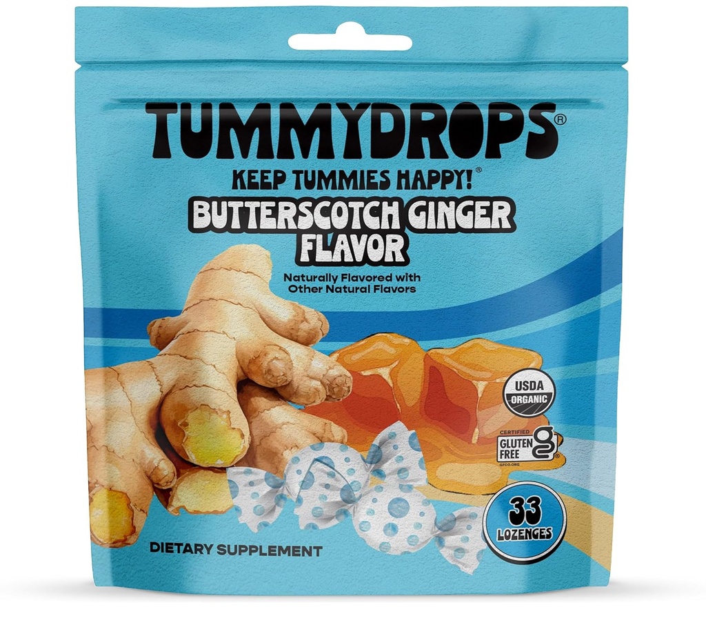USDA Organik Butterscotch Ginger Flavor Tummydrops, Gluten Free & Vegan, 33 Organic Ginger Lozenges