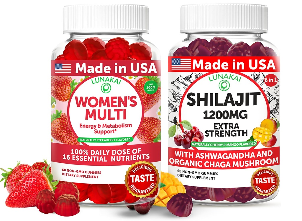 Lunakai USA Made Womens Multivitamin & Shilajit Gummies Bundle - Energy, Immune & Vitalitas Dukung - 60 Non-GMO Gummies