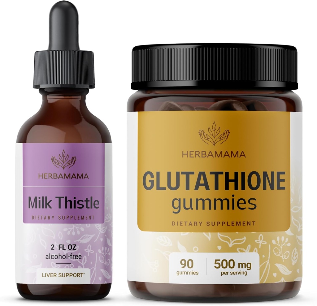 HERBAMA Milk Thistle dan Glutathione Kit - Bundle of Milk Thistle Extract 2 fle oz & 500 mg Reduced L- Glutathione Gummies - Vegan, Non- GMO, Alcohol- 2 Pack