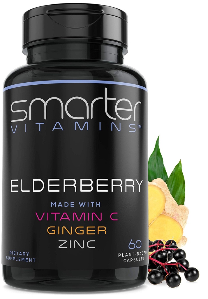 Smarter Elderberry Capsules + Vitamin C + Ginger & Zinc, Herbal Supplement, Powerful Black Elder Berry Extract Antioksidant Vitamin, 60 Vegan pil