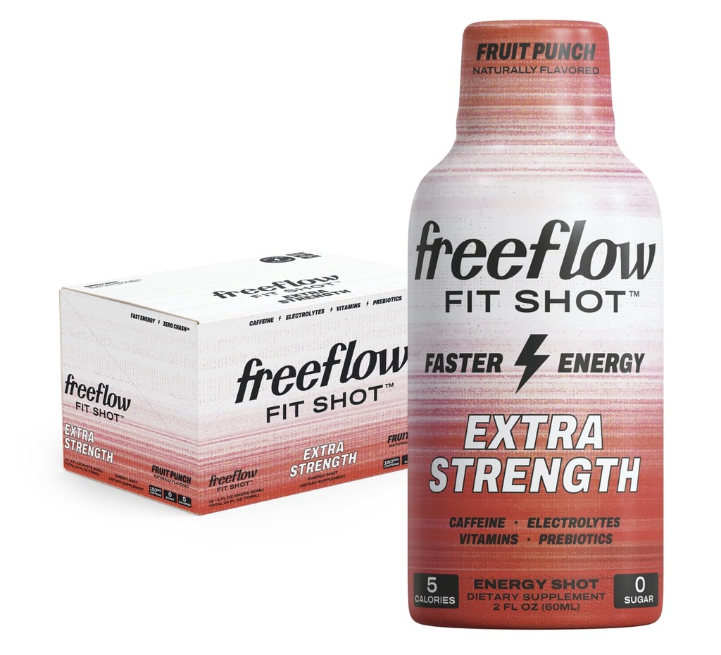 Freflow Fit, Extra Power Energy Shot, Fruit (2 Ounce Shot, Pack of 12) - 150mg Caffeine Per Shot, Zero Calorie, Zero Sugar Energy Shot...