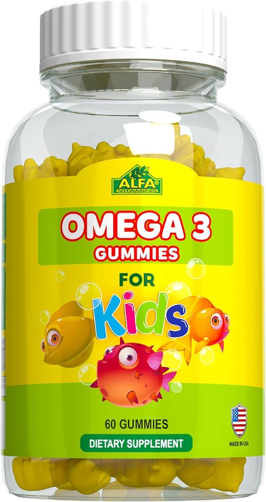 ALFA VTAMINS Omega 3 Kid Gummies, Supports Brain Development, Heart Health & Vision, Easy to Chew, Omega 3 Suplemen Anak-Anak, Orange Flavored, No Fishy Tasy, 3 Gummies Harian, 60 Gummies