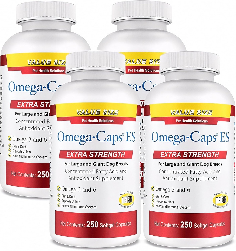 Omega- Caps Ekstra Kekuatan untuk Large Breeds- Vet Formulated untuk Healthy Radiant Skin & Coat Sementara Mengurangi Shedding. Berisi Omega 3 untuk Dukungan Sistem Imune, Mudah untuk Dose, 1000 Soft Gel Capsules