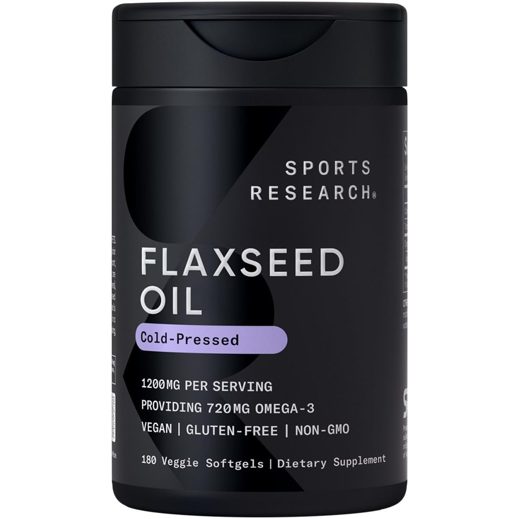 Sports Research Vegan Flaxseed Oil (1200 mg) Herbal Suplemen dengan Plant - Based ALA Omega 3 - Vegan Disahkan & Non-GMO Verifikasi - Gluten, Soy & Carrageenan Free (180 Veggie Softgeels)