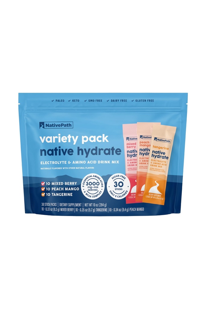 NativePath Native Hydrate Stick Packs with Electrolytes and Acids, Variety Pack, Mixed Berry, Peach Mango, Tangerine, 30 Servis