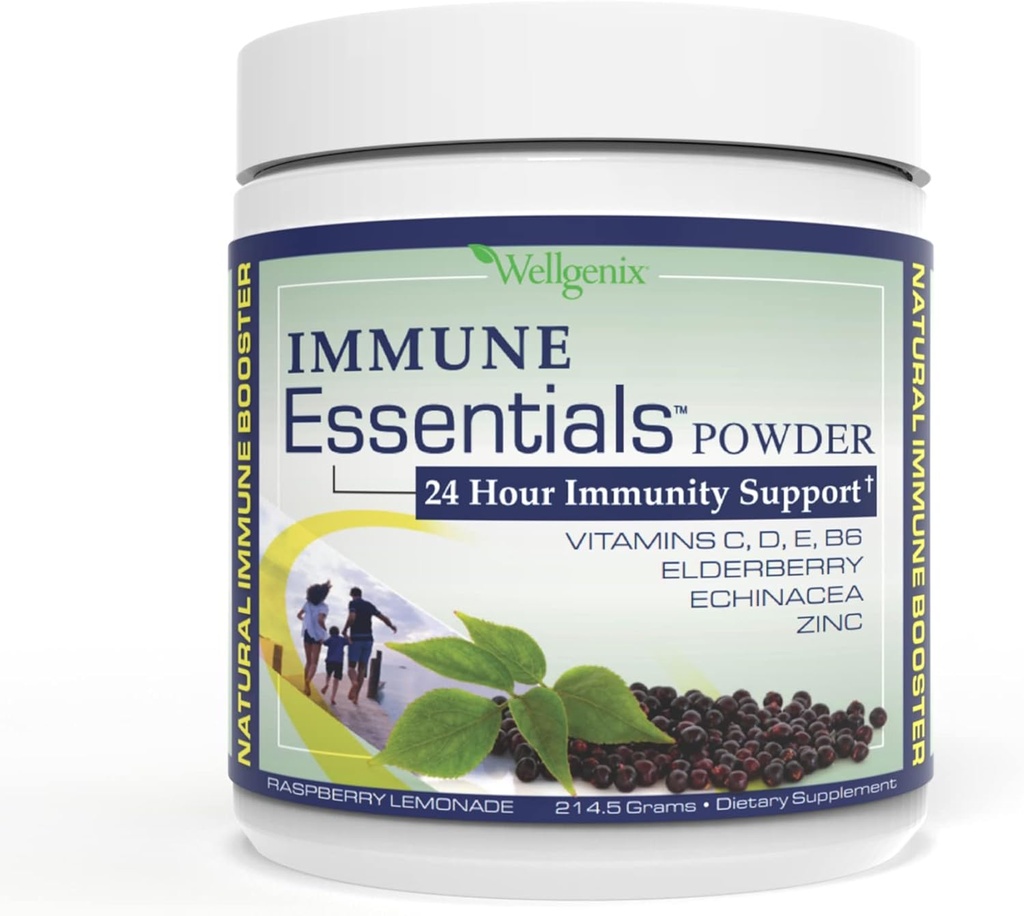 Wellgenix Immune Essentials - Multivitamin Powder for Men, Women & Kids - Vegan Suplemen Vitamin C, D Elderberry Zinc, Echinacea for Toddler, Kid & Adult - 7.57g (Raspberry Lemonade)