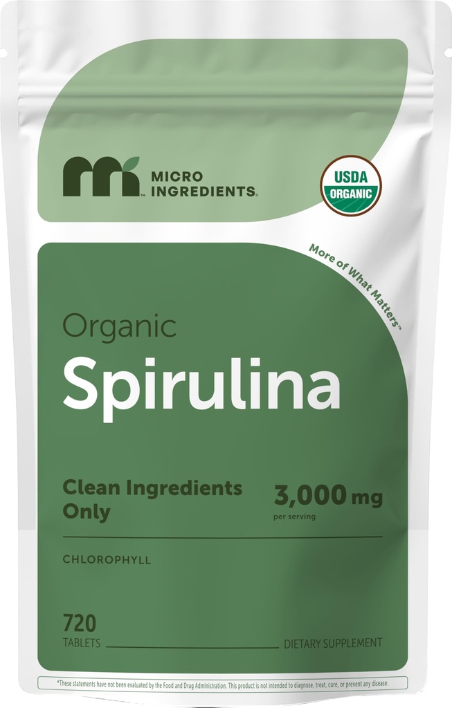 Mikro Ingredians Organic Spirulina Suplemen, 720 Tablet (4 Bulan Supply), Tidak Ada Filler & None-GMO, Kaya di Vegan Protein, Vitamin & Premium Spirulina Pills