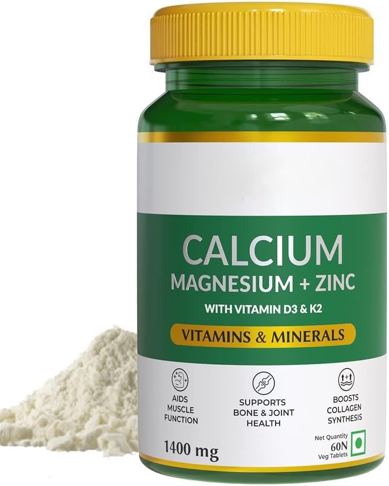 Kalsium Magnesium & Zinc Tablet dengan Vitamin D3 & K2 (600 IU), Tambahan Kalsium untuk Perempuan dan Pria, untuk Kesehatan Otot