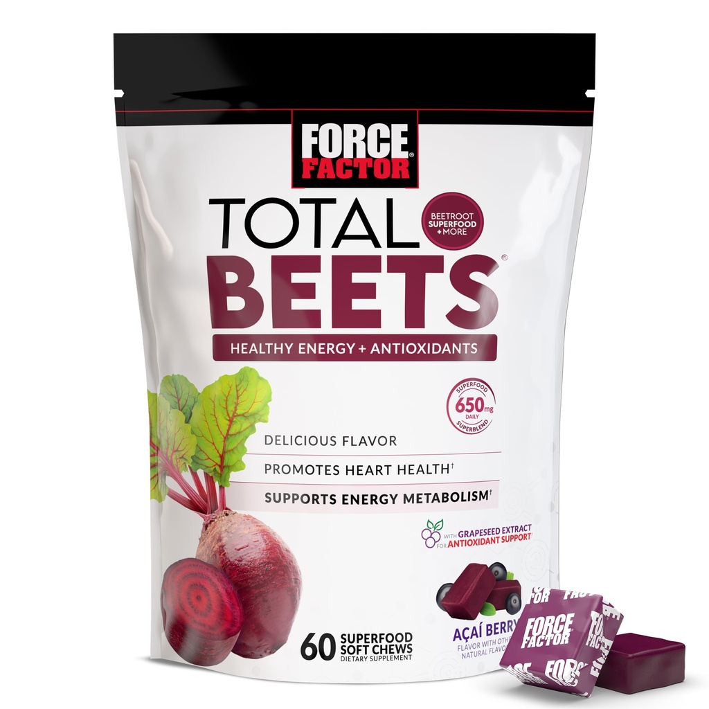 Force Factor Total Beets Soft Chews dengan Beetroot, Nitrates, L- Citrulline, Grapeseed Extract, dan Antioksidants, Suplemen Energi Sehat dengan Ingreasi Elite, Health Superfood, 60 Chews