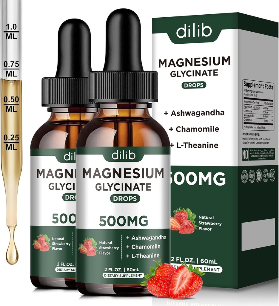 Magnesium Glycinate Liquid Droid Suplement, dengan Magnesium Glycinate 500mg Ashwagandha, L - Theanine, Chamomile - Dukung Stress Relief, Bone, Muscle, Mood Strawberry Flavor 2Pack