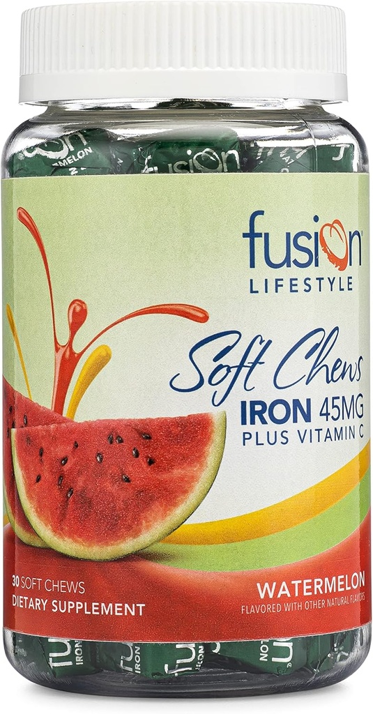 Tambahan Besi untuk Perempuan dan Pria, Semangka Flavored Besi Soft Chew Plus Vitamin C untuk Deficiency Besi dan Anemia, Persediaan 1 Bulan, 30 Count