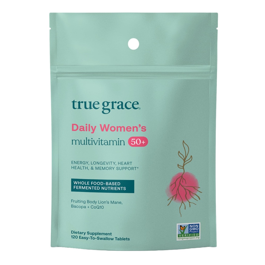 "True Grace Daily Women 's Multivitamin 50 + - 120 Easy- Swallow Tablet - Imune, Energy, Longevity & Memory Support - Vegan - Gluten, Soy & Iron Free - 60