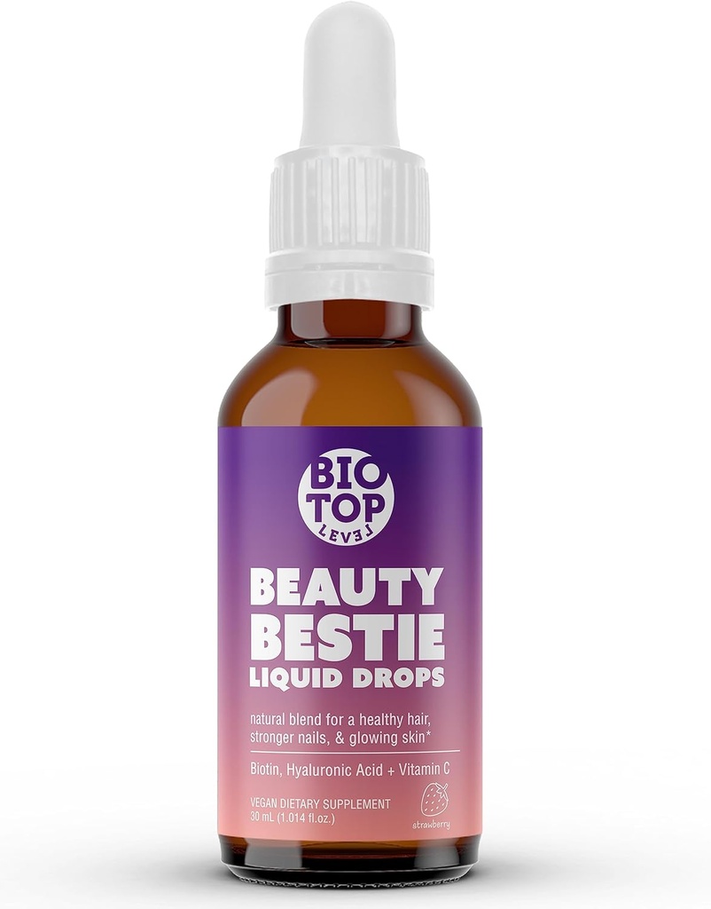 Beauty Bestie Vegan Liquid Drops, Biotin, Vitamin C, Hyaluronic Acid, Multi- Benefit Vitamins Blend untuk menyokong Rambut sehat, Skin & Nails Growth, Sugar Free 1 fli oz.