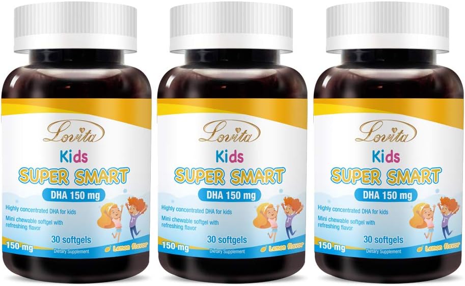 Lovita Kids Super Smart DHA, 150mg DHA dan 30mg EPA Omega 3 Fatty Acids, Appliorts Brain Health, Natural Lemon Flavor, 30 Chewable Softgels (Paket 3)