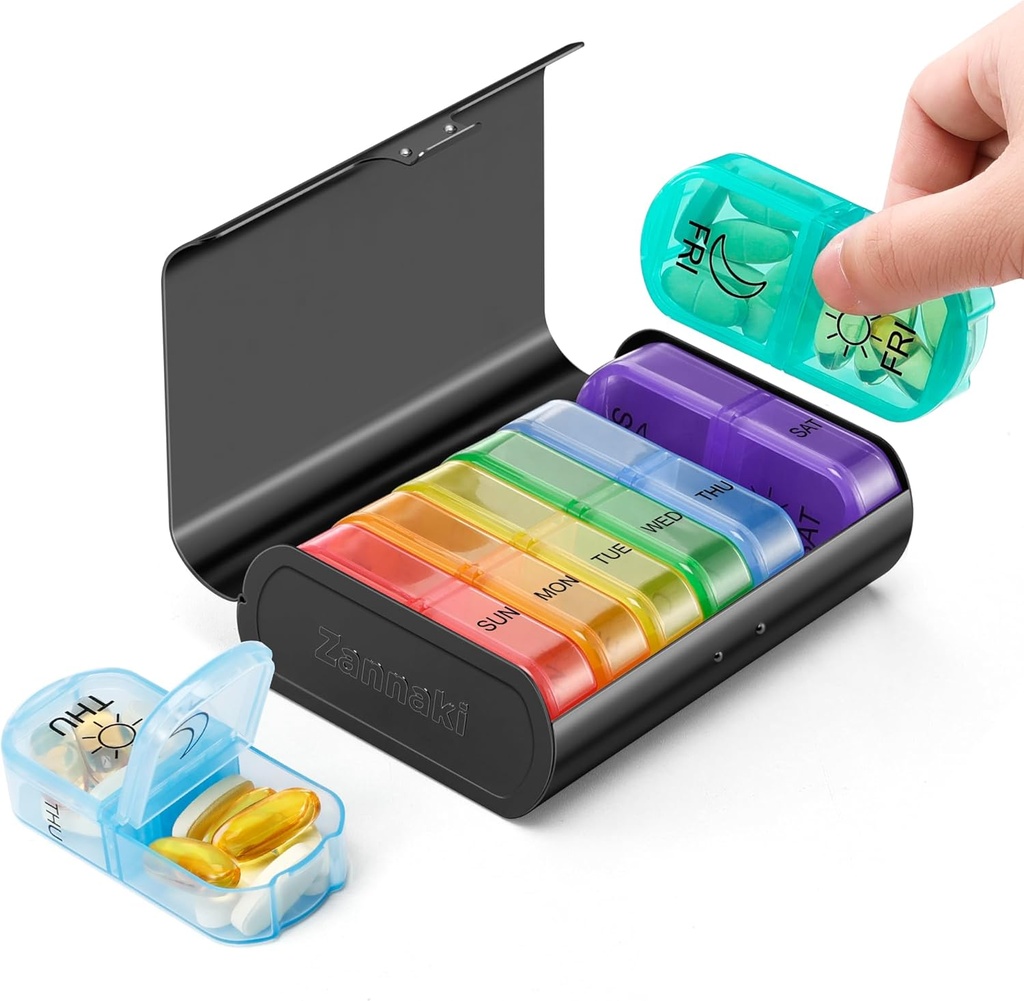 Zannaki Metal XL Weekly Pill Organizer 2 Kali sehari, Large Travel Daily Pill Box 7 Day, Portabel Minggu Dua kali Kontainer Pill Holder, Kasus PM Pill Kasus untuk Obat Obat Obat Obat Perobatan Vitamin, Hitam