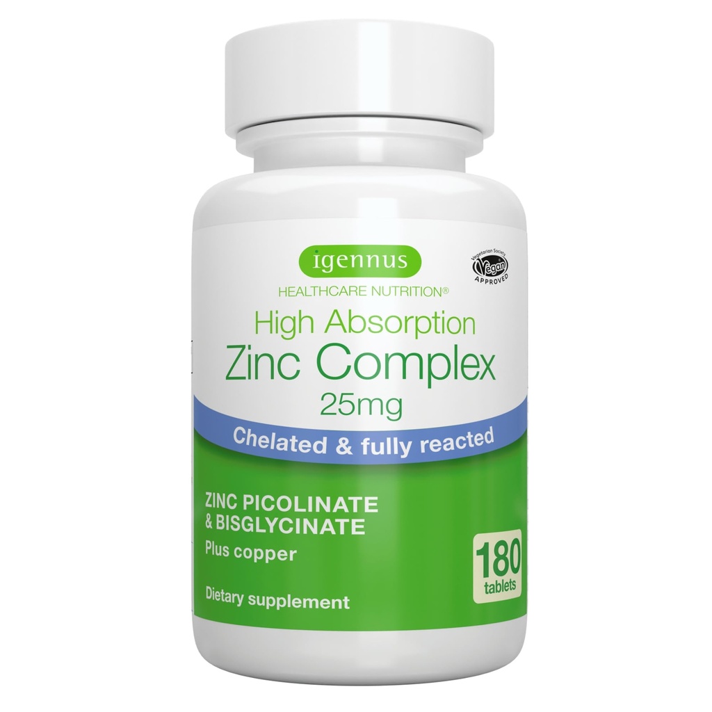 Igennus Clean Chlated Zinc 25mg with Copper, Fully Reacted Picolinate & Bisglycinate, High Absorpsi Complex, Suplemen Perempuan & Men, Lab Verified, Nor-GMO, Immune & Skin Dukungan, 6 Bulan Tambahan