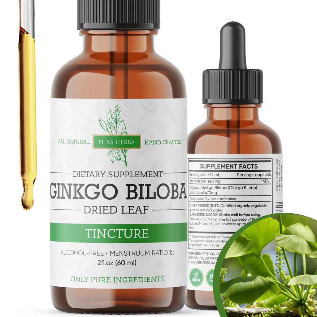 Ginkgo Biloba Extract Liquid 2 Fl Oz, Supplemen Fungsi Otak dan Dukungan Ingatan, Bebas Alkohol, Vegan - 2 Fl Oz