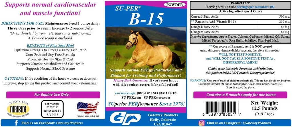 SU-PER B-15 Vitamin Suplemen untuk Kuda - Equine Vitamin B- 15 bubuk untuk Dukungan Performance - 12,5 Pounds, 6 Bulan Supply
