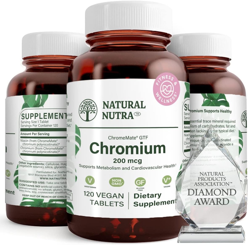 Nuttra Natural GTF Chromium Polynikocinate dengan ChromeMate, Support Body Metabolism, Dukungan Kesehatan Jantung, Pertahankan Tingkat Fat Tubuh, Gangguan Membuktikan, Kesehatan Kardiovaskular, 200 mcg, 120 Bible Vegan