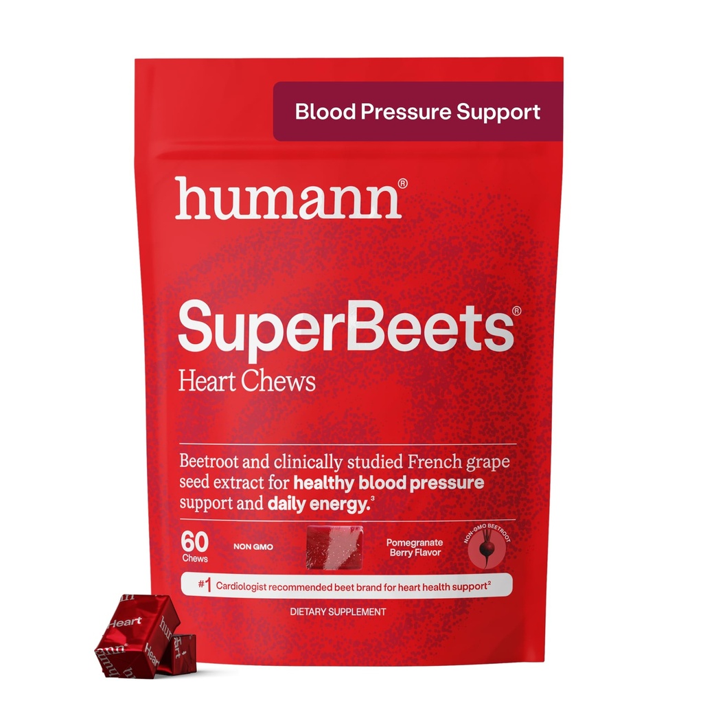Humann SuperBeats Heart Chews, Beet Root Powder Suplemen Energi, Nitric Oxide and Blood Pressure Support, Grape Seed Extract & Non- GMO, Heart Health, Paxeate Berry Flavor, 60 Count