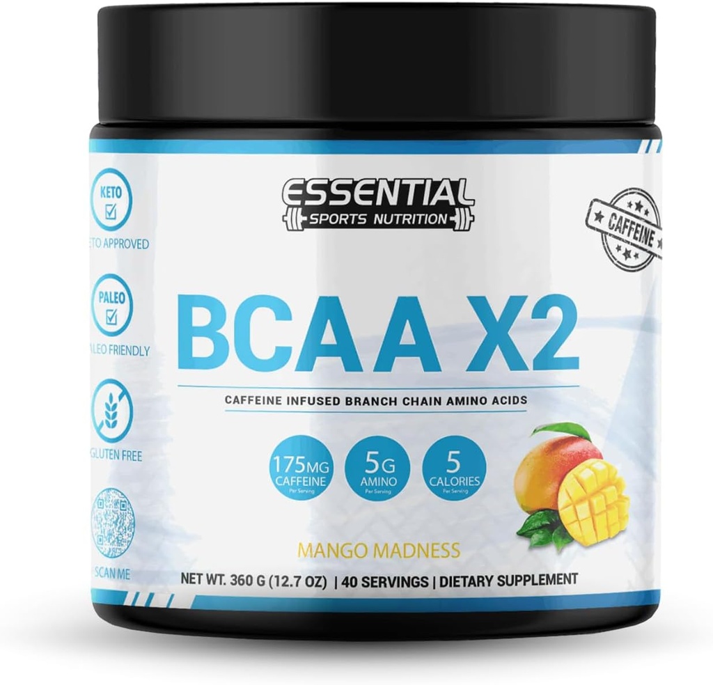 BCAAs dengan 175mg Caffeine 124; 40 Serving 12.4; Keto- Disetujui, Non-GMO, Gluten Free Suplemen 124; Peach Flavor Mango