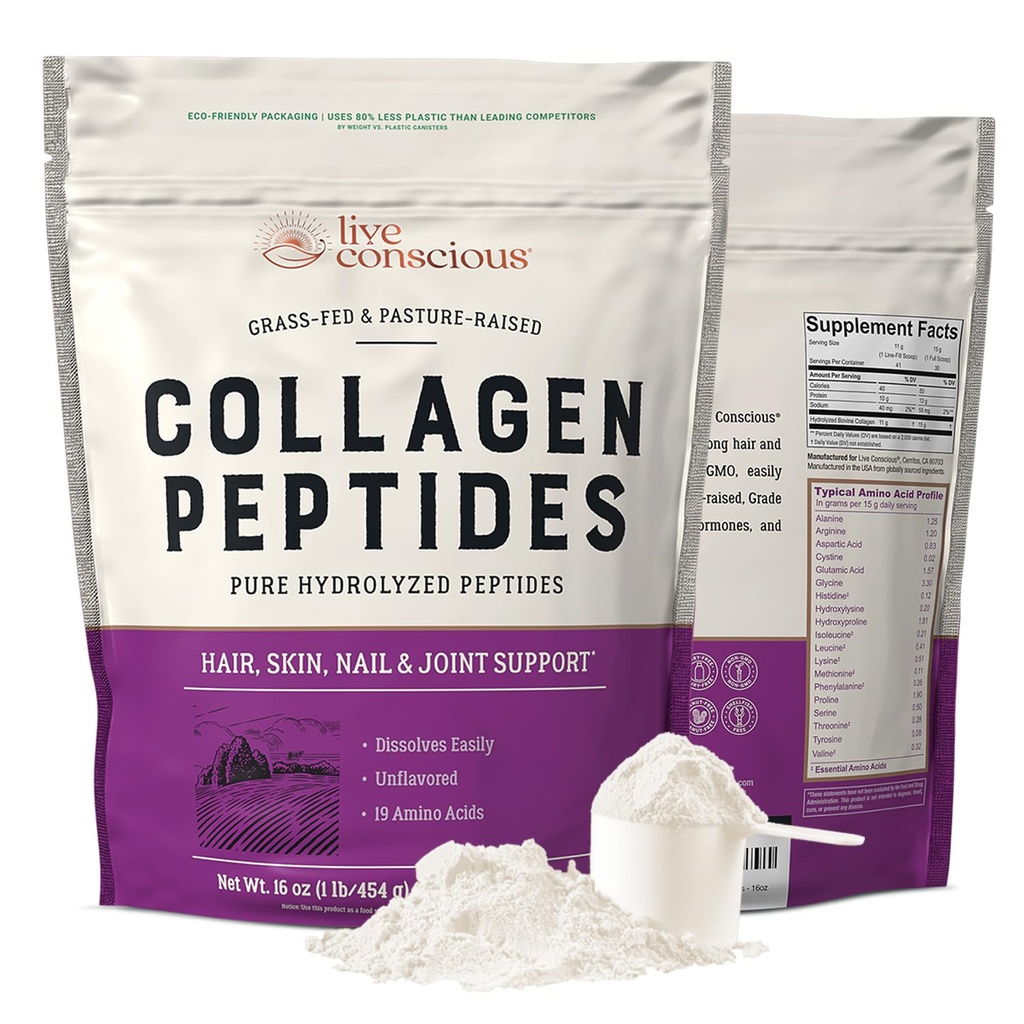 Powder Kolagen Collagen Peptides Live - Graseally- Sourted Hydrolyzed Collagen Powder - Rambut, Kulit, Nail, dan Dukungan Gabungan - Tipe I & III Gras- Fed Collagen Suplemen untuk Perempuan dan Pria - 16oz