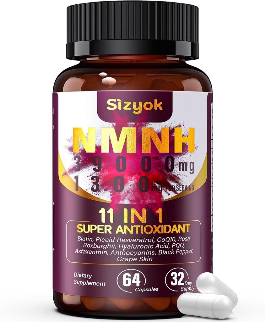 Suplemen NMNH (Dihidronicotinamide Mononucleotide) 600mg NAD Tambahan dengan Resveratrol, CoQ10, Biotin & Hyaluronic Acid 124; Dukung Energi Sel, Metabolisme & Skin Wellness, 64 Kapsul