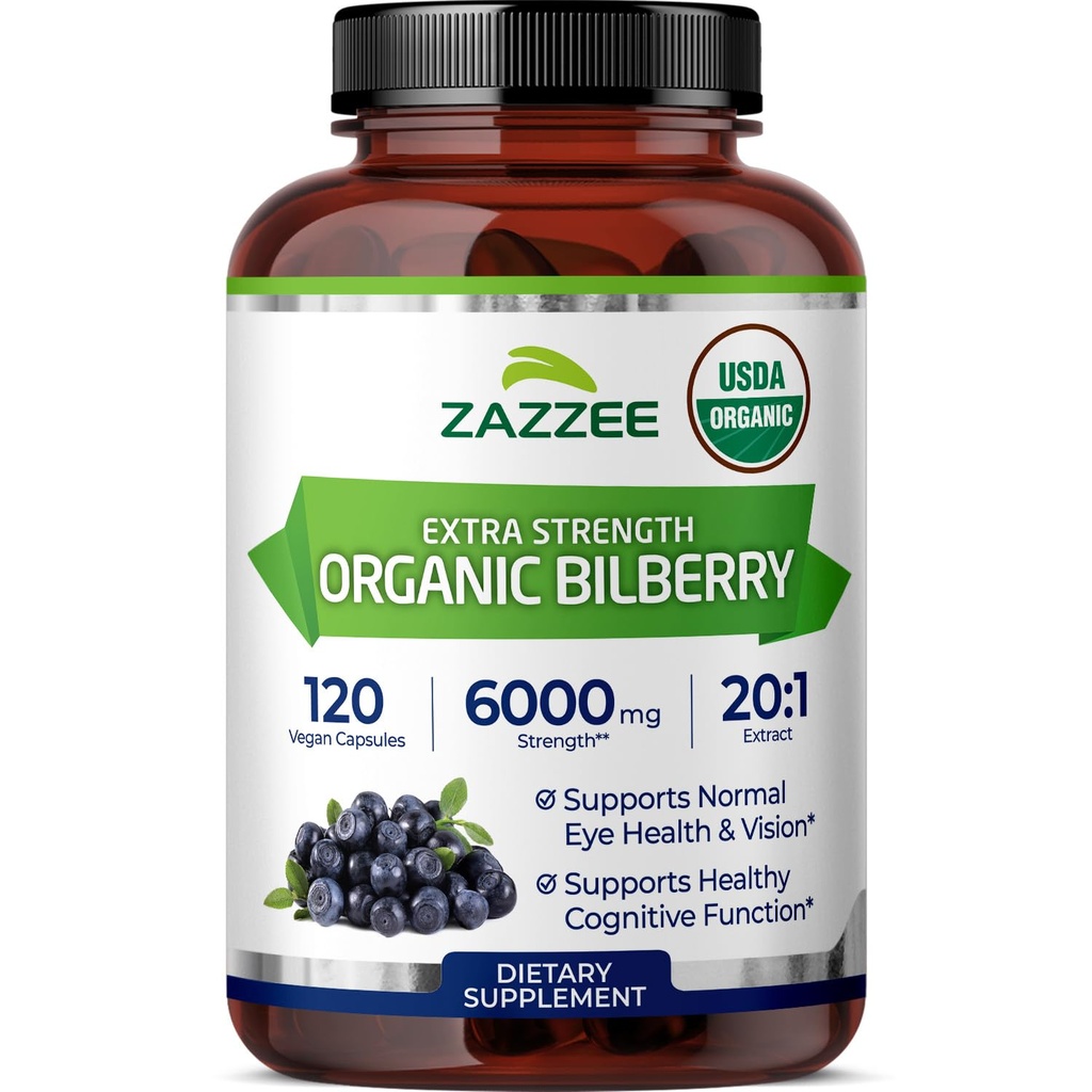 Zazzee USDA Organik Bilberry 20: 1 Ekstrak, 6000 mg Kekuatan, 120 Vegan Kapsul, 4 Bulan Suplai, Standardisasi dan berkonsentrasi 20X Ekstrak, 100% Vegetarian, All- Natural, Non-GMO, dibuat di Amerika Serikat