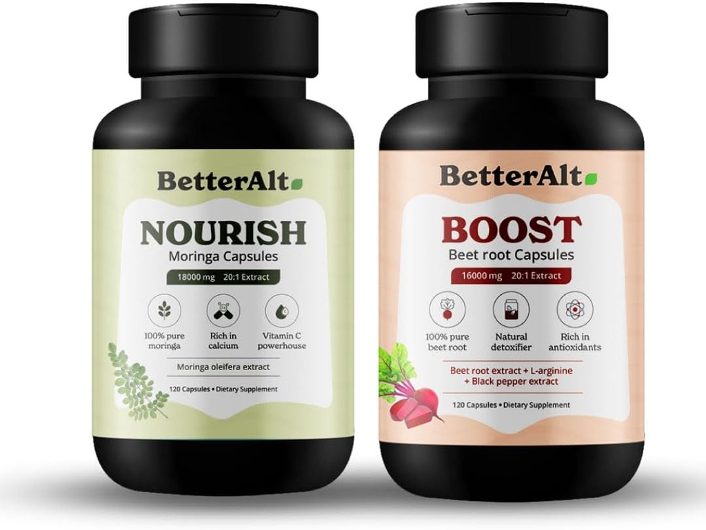 Lebih baik Alt Moringa & Beetroot Capsules 124; 100% Pure Moringa Leaf Powder Suplement & 100% Universe Beetroot Suplemen = Kaya di Calcium & Vitamin C