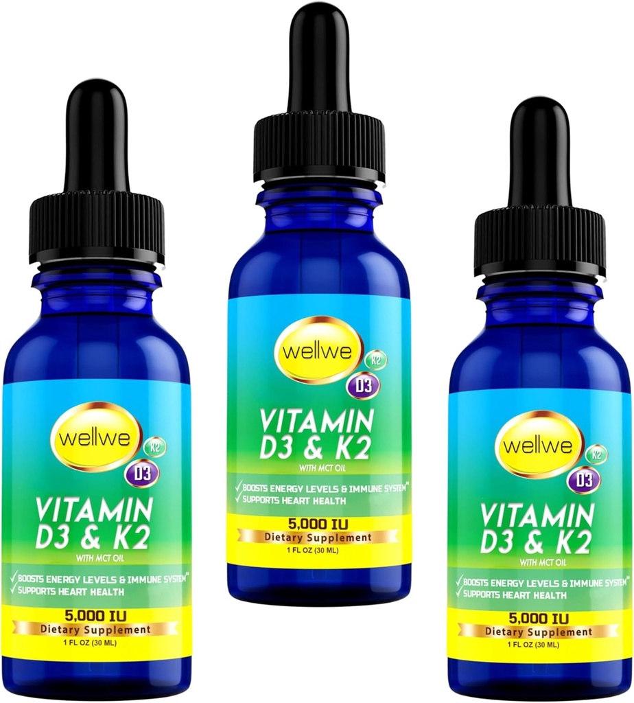 Liquid Vitamin D3 K2 Drops with MCT Oil 5000 IU - Vegan, No Taste, No Odor, Soy- Free, Gluten Free, Non-GMO, 1000 IU per Drop, Boosts Energy & Imune System (3 Pack)