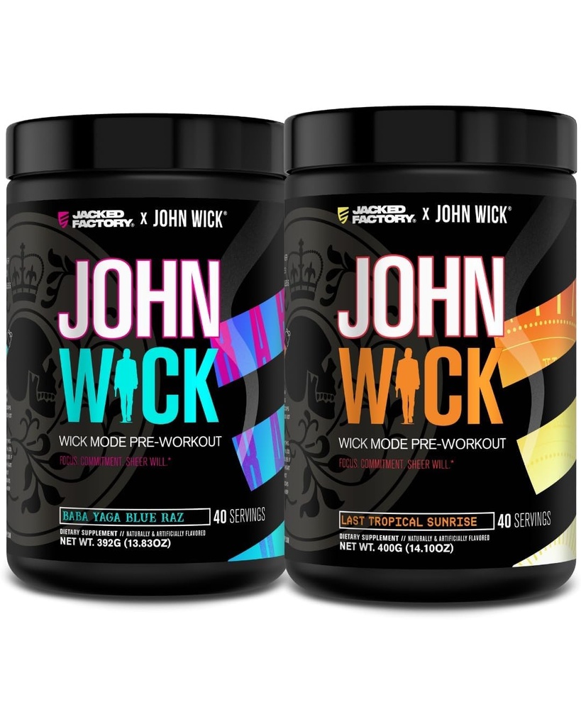 Jacked Factory X John Wick - Wick Mode Pre Workout Powder - Intense Energy, Battle- Ready Focus, Unstopment, and Sheer Will - Baba Yaga Blue Raz & Last Tropical Sunrise