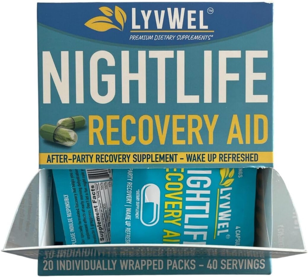 LyvWel Nightlife Recovery Carton 124; Rapid Morning Reperemenation, Liver Dukung Gibler4; DHM, Electrolites, B Vitamin - 20 Packs, 40 Servings