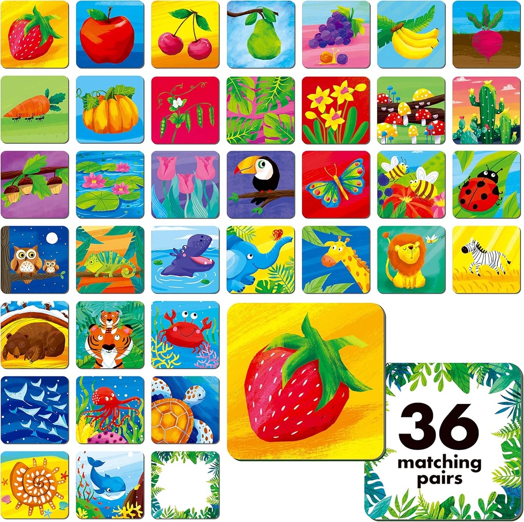 Permainan Memory Matching, 72 PCS Nature Tema Cocok Kartu untuk Toddlers 36 Pairs Memory Cards untuk Preschool 4 5 6 Tahun