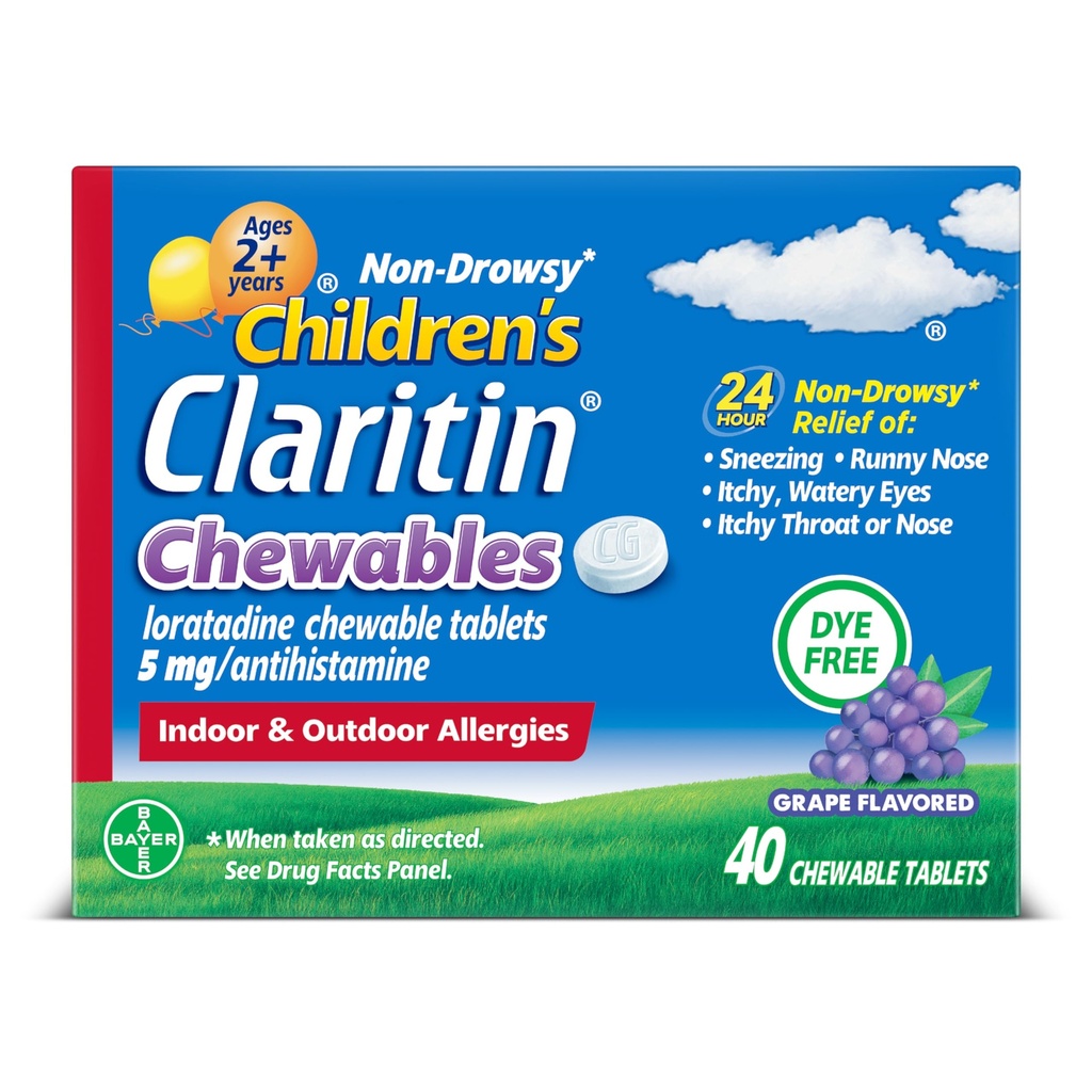 Claritin Children 's Allergy Medicine, 24- Hour Non-Drowsy Loratadine 5mg tablet Chewable, Antihistamin for Kids Ages 2 Years and Older, Grape Flavored, 40 tablet