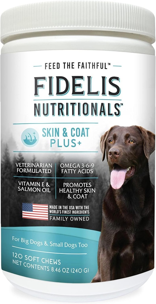 FIDELIS Skin & Coat Plus + Dog Skin & Coat Suplement, Omega 3, Vitamin E, Salmon Oil for Dogs, Fatty Acids, Heally Skin, Shiny Coat, Adult, Big & Small, Made USA, Vegetable Flavor, 120 Soft Chews