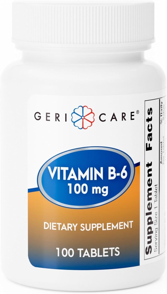 GeriCare Vitamin B-6 100mg, 100 Tablet - Daily Nutrition Support for Healthy Brain Fungsi, Mood Enhancement, Circulation Health & Metabolisme - Membantu Combat Fatigue & Provient Overall Wellness
