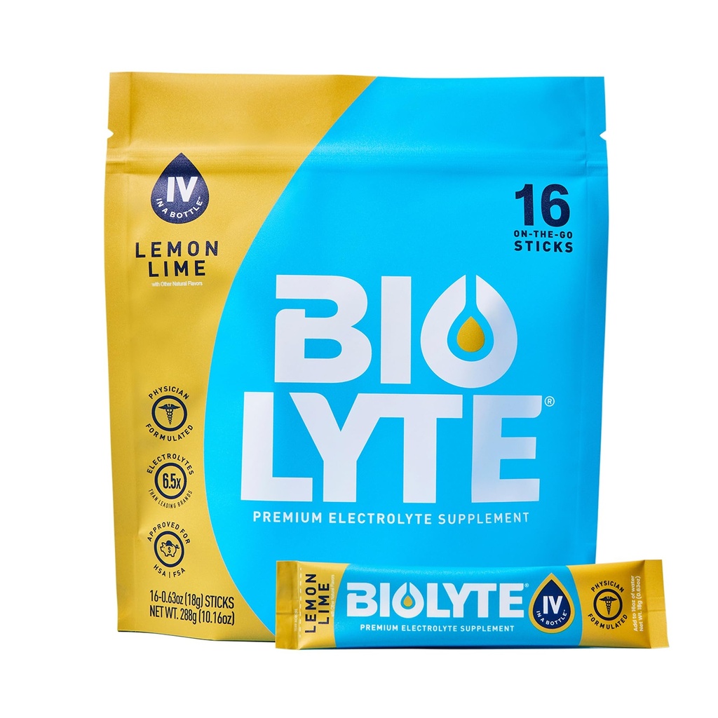 BiOLYTE IV Electrolyte Powder Pawder Packet, IV Liquid Drink for Water, Doctor- Develophed Hydration, HSA & FSA Approved Dehydration Relief, Kemoterapi Harus Haves for Women & Men- Lemon Lime (16 Tongkat)
